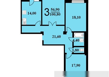 Продаётся 3-комнатная квартира, 100.8 м²